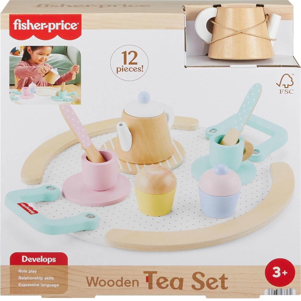 Fisher-Price Wood Pretend Play Toy Tea Set, 12-Piece Wooden Playset with Teapot
